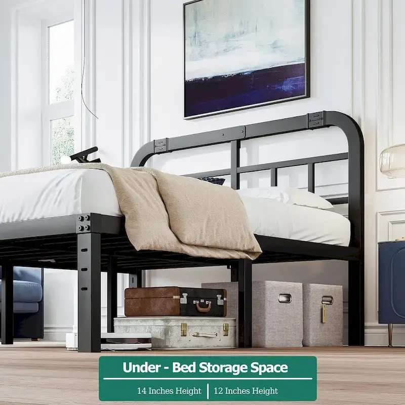 Black Metal Bed Frame with Headboard, 14