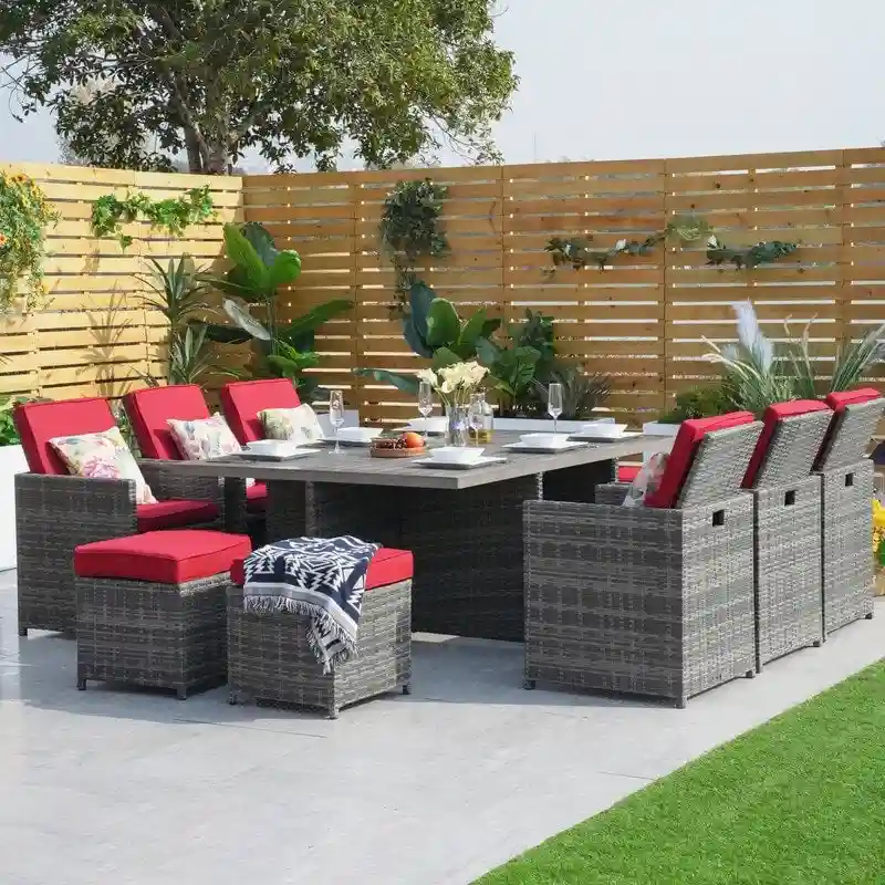 11-Piece Patio Wicker Aluminum Dining Table Set w/ Chairs and Ottomans