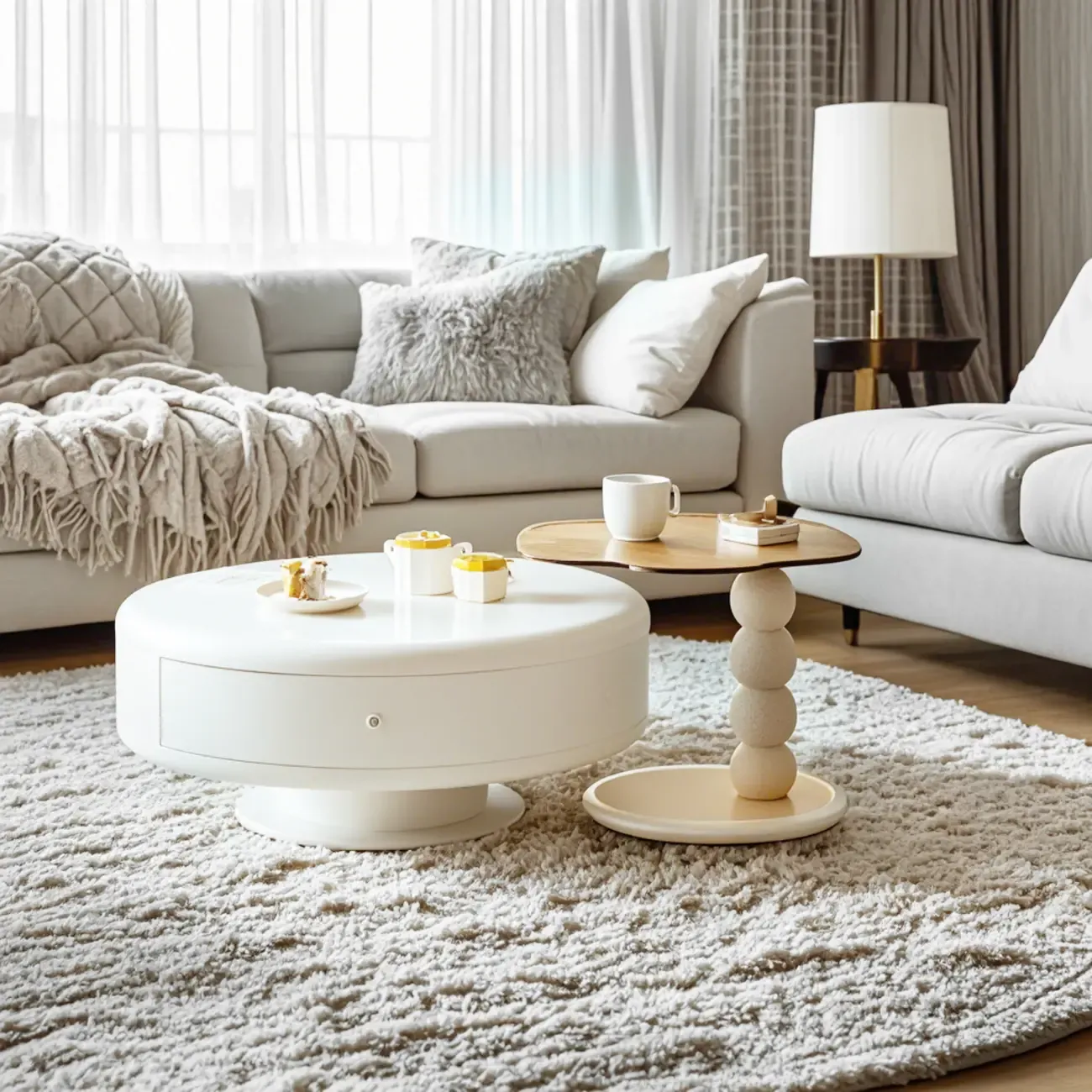 Modern White Round Wood Coffee Table with Drawer
