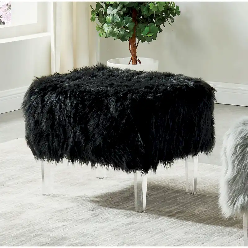Andral Contemporary Faux Fur Acrylic Ottoman by Silver Orchid