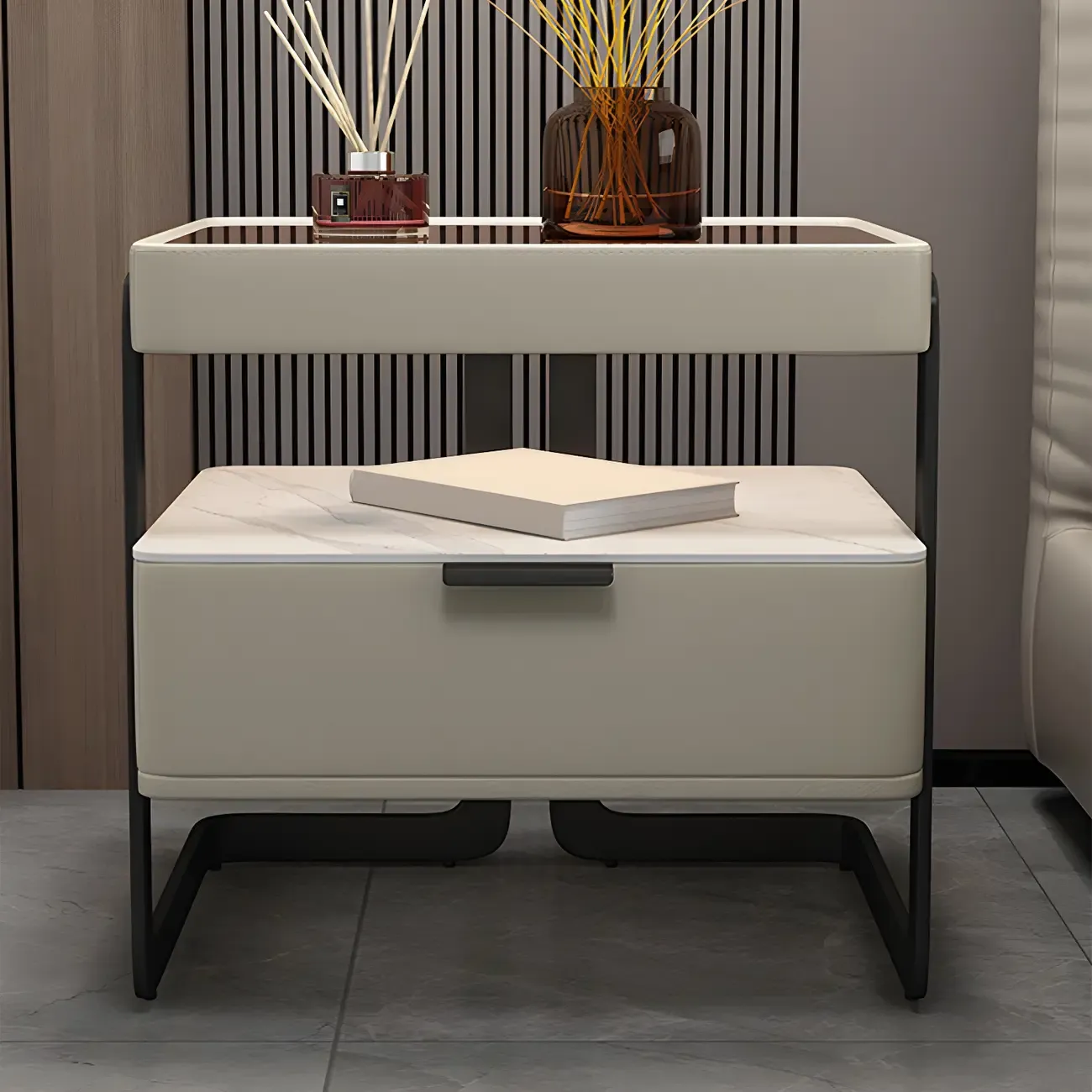 Modern Wood Nightstand with Glass Countertop and Drawer
