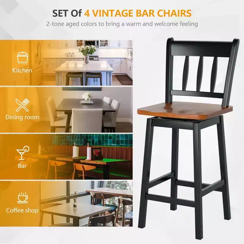 Costway 4PCS Bar Stool 24.5'' Swivel Counter Height Chair w/ Footrest