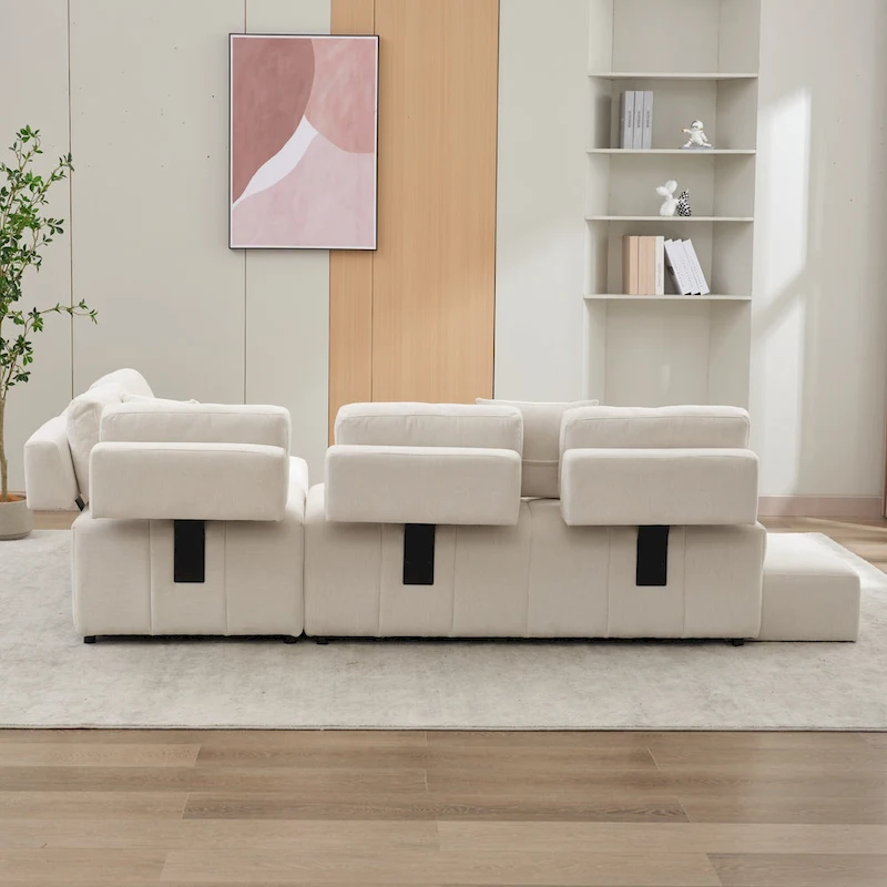 91.73 L-Shaped 4-Seat Sectional Sofa with 2 Hidden Stools, 2 Removable Lumbar Cushions, and Durable Chenille Fabric