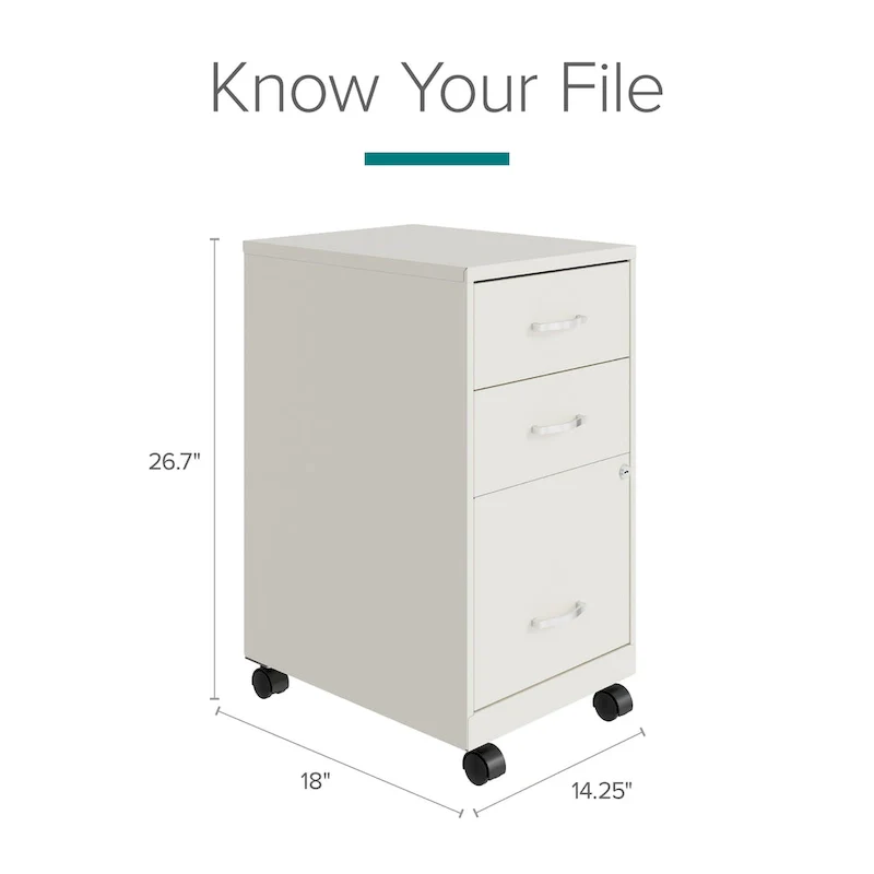 18 Deep 3 Drawer Mobile Metal Cabinet, Pearl White