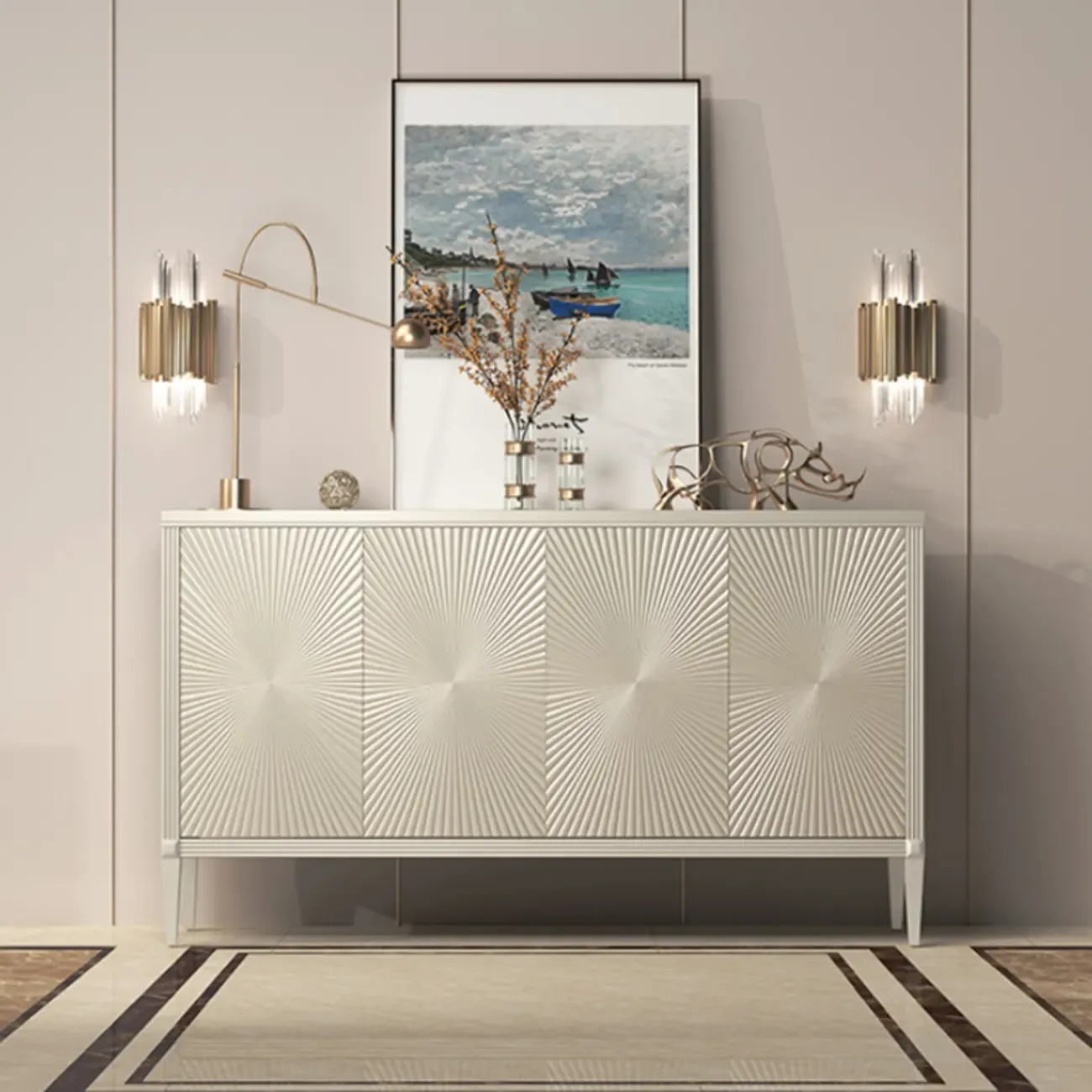 Glam Visual Effects High-Gloss Beige Wooden Decorative Cabinet