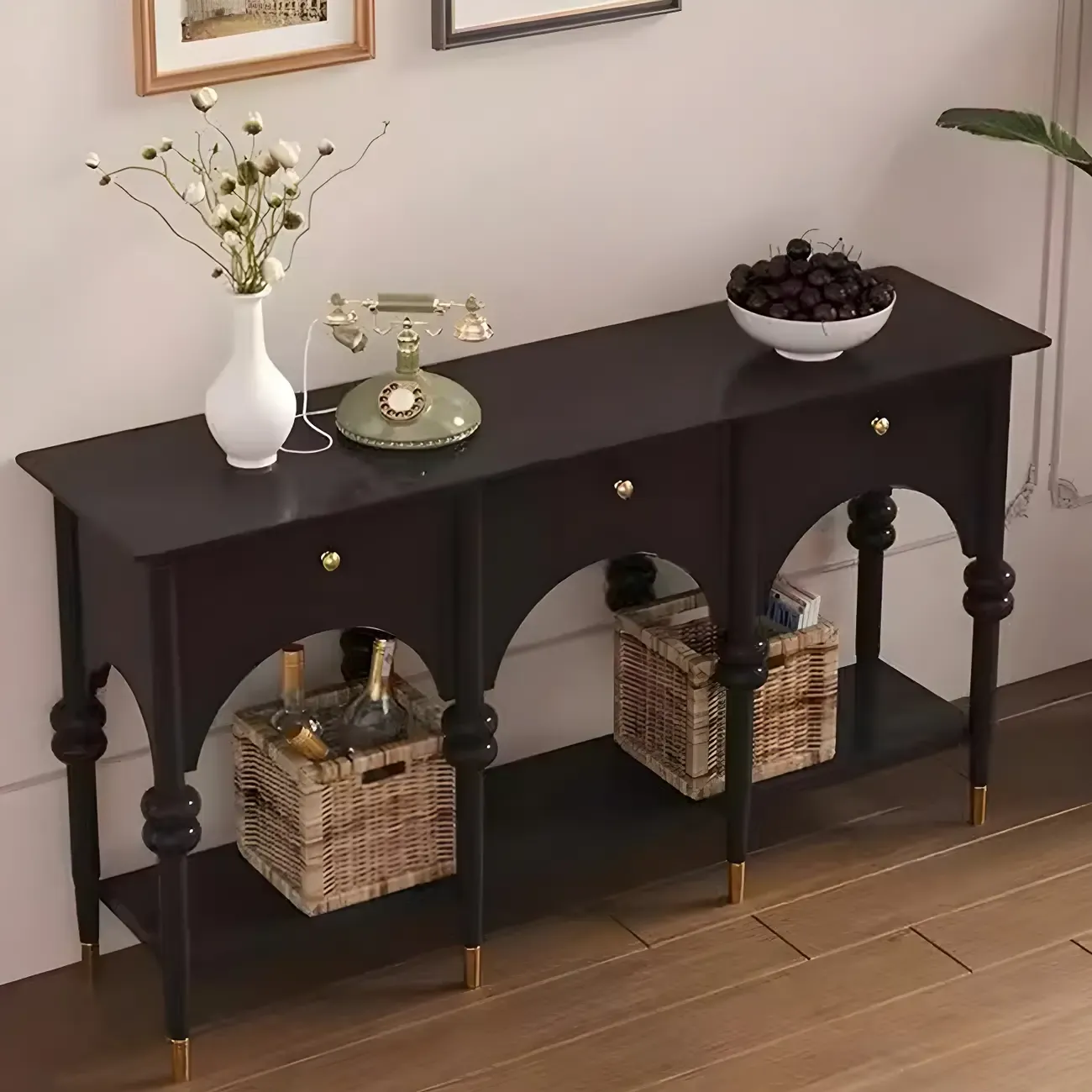 Rectangular Black Wood Console Table with Drawers