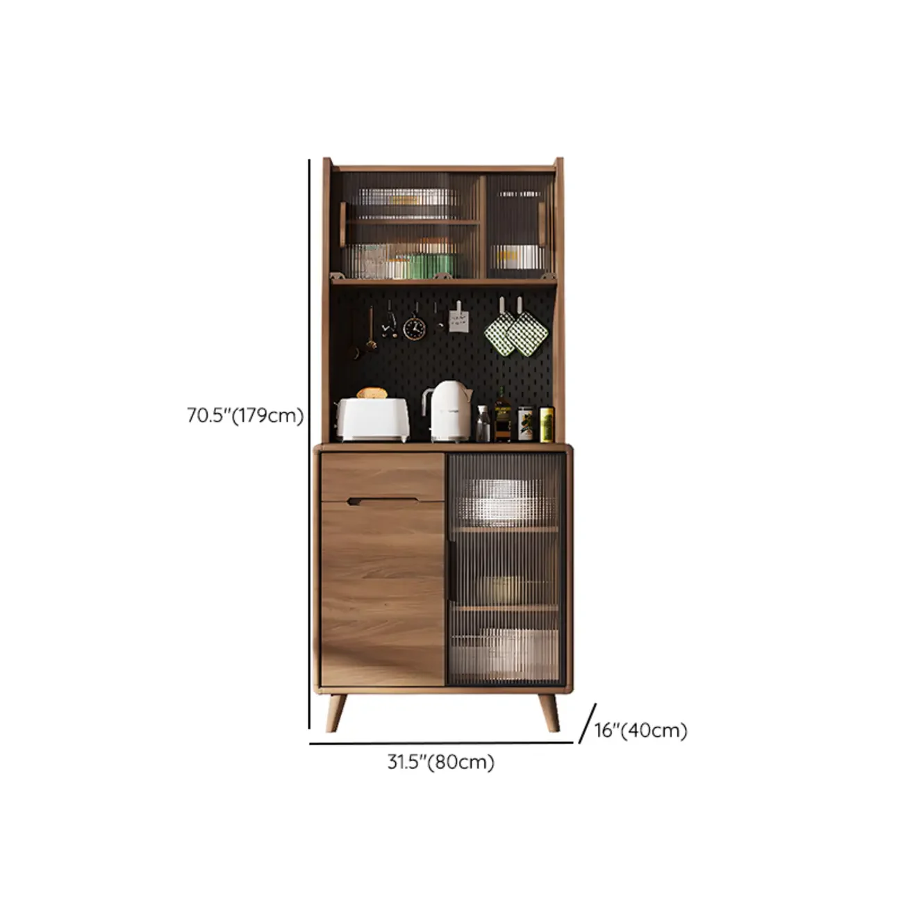 Kitchen Brown Wooden Hutch Top Sideboards with Pegboard Back