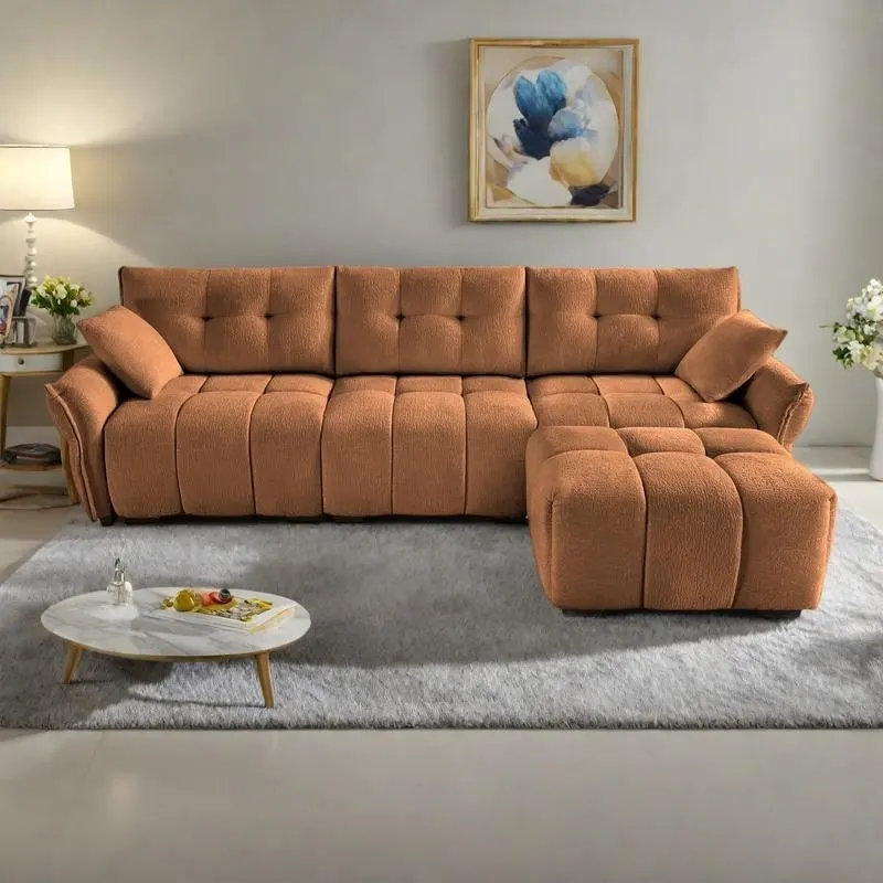 110.2 Chenille 3-Seater Sofa Set with Ottoman and Pillows, Solid Wood Frame and High-Resilience Cushions