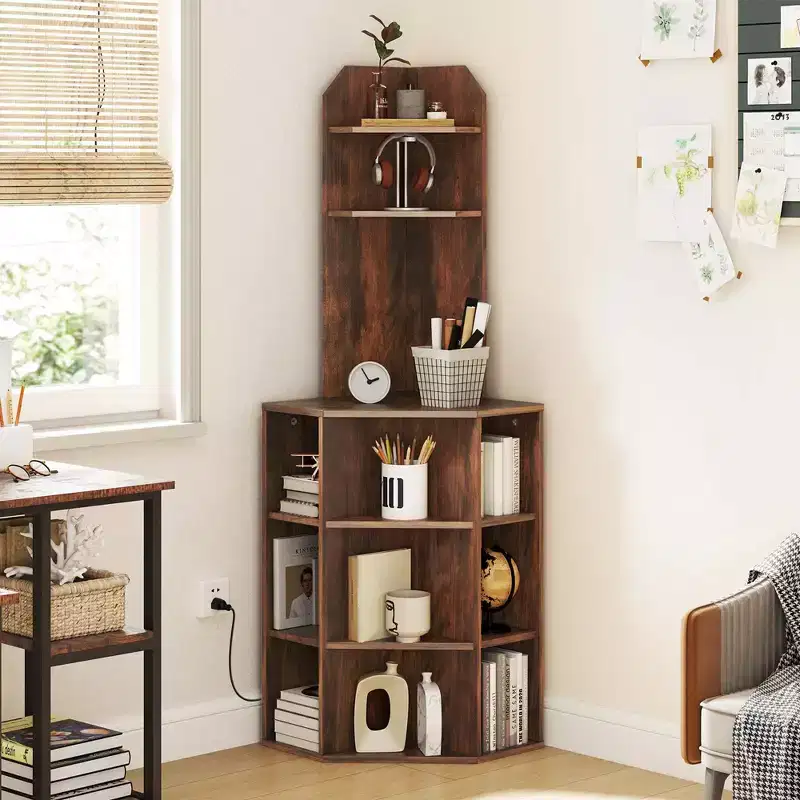 Costway 6-Tier Corner Shelf 63 Tall Corner Bookshelf with 2 USB Ports & Charging Station Brown/White