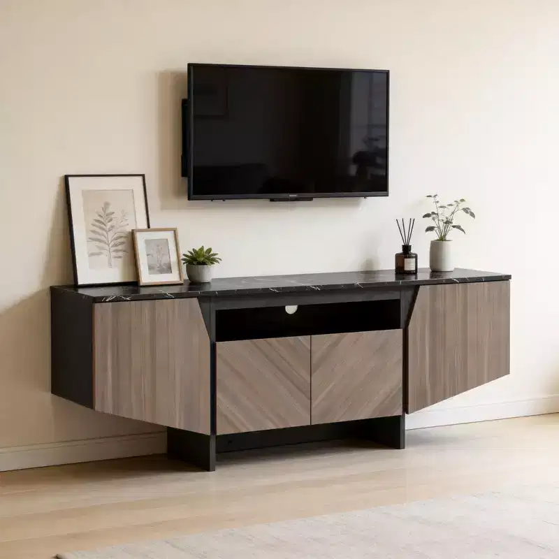 Brown Mid-Century Modern TV Stand with 4 Doors, Fits up to 70