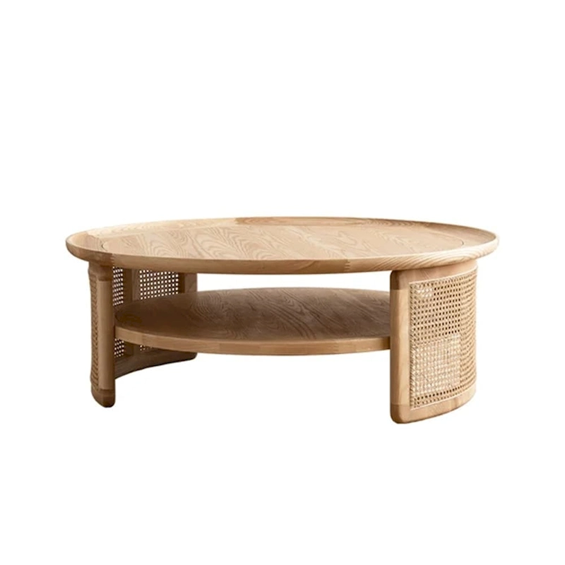 JASIWAY 2-Tiered Round Wood Coffee Table with Rattan Base
