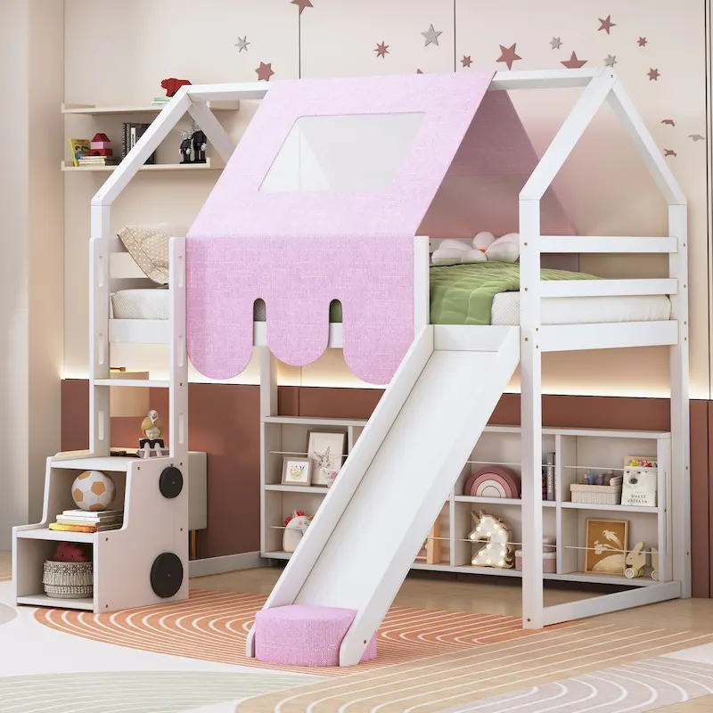 Twin Loft Bed with Play Tent and House Design, 250lb Capacity, Slide & Ladder