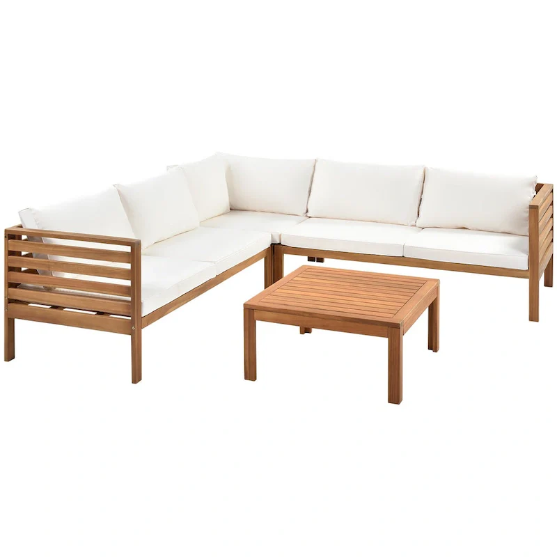 4-Piece Acacia Wood L-Shaped Sectional Sofa Set with Table