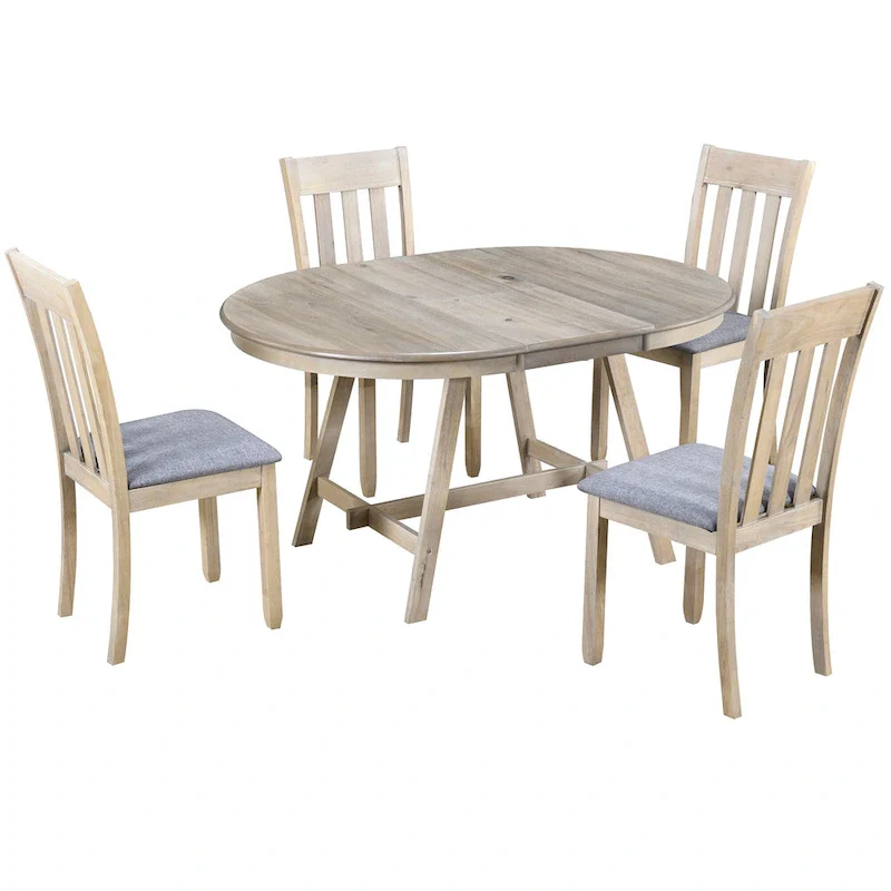 5-Piece Wooden Dining Table Set with Round Extendable Table & 4 Chairs