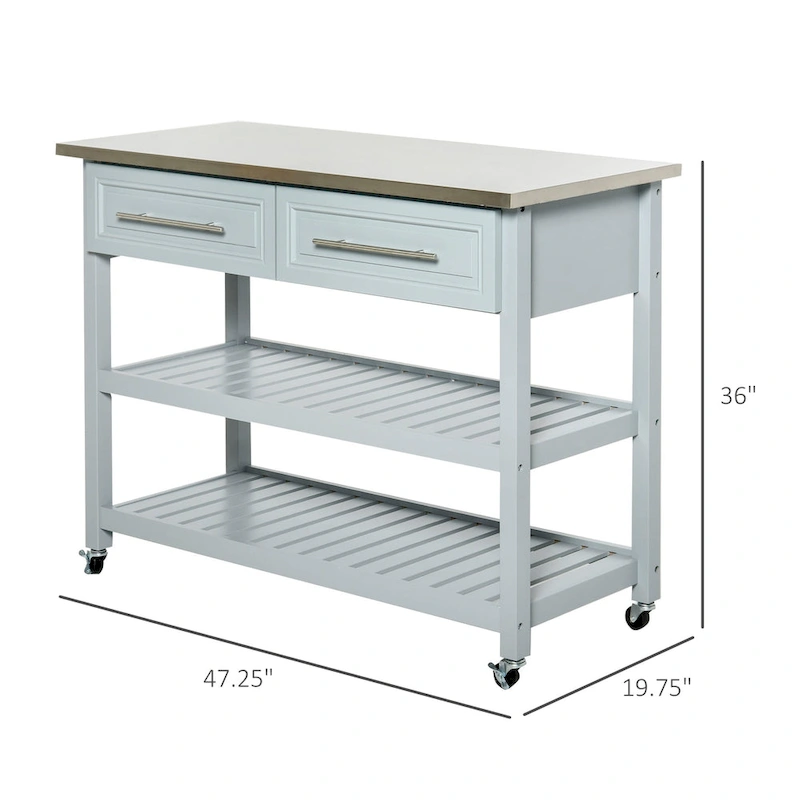 HOMCOM Kitchen Island Stainless Steel Top Rolling Utility Cart with Drawers, Shelves - Grey