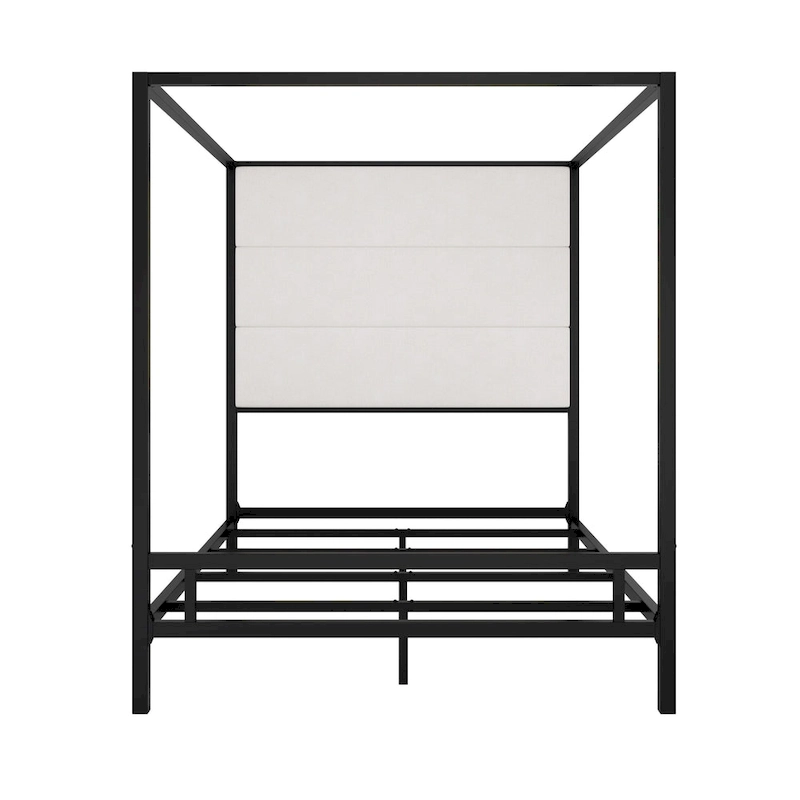 Sleek Modern Metal Canopy Bed with Tall Linen Upholstered Headboard