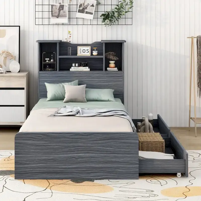 Twin Size Storage Platform Bed Frame with Shelves and Drawers