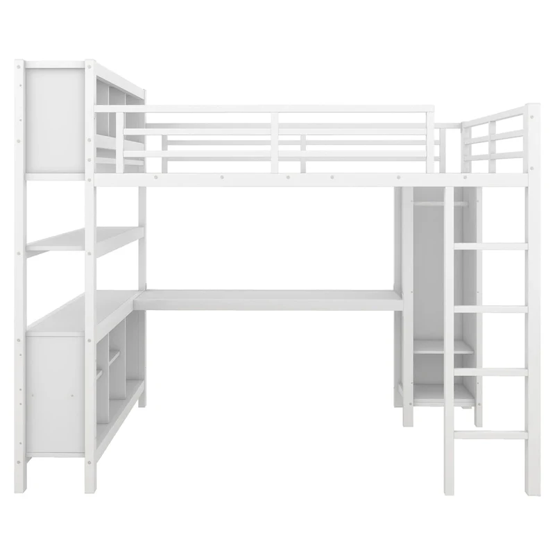 Metal Loft Bed with Wardrobe And L-shaped Desk