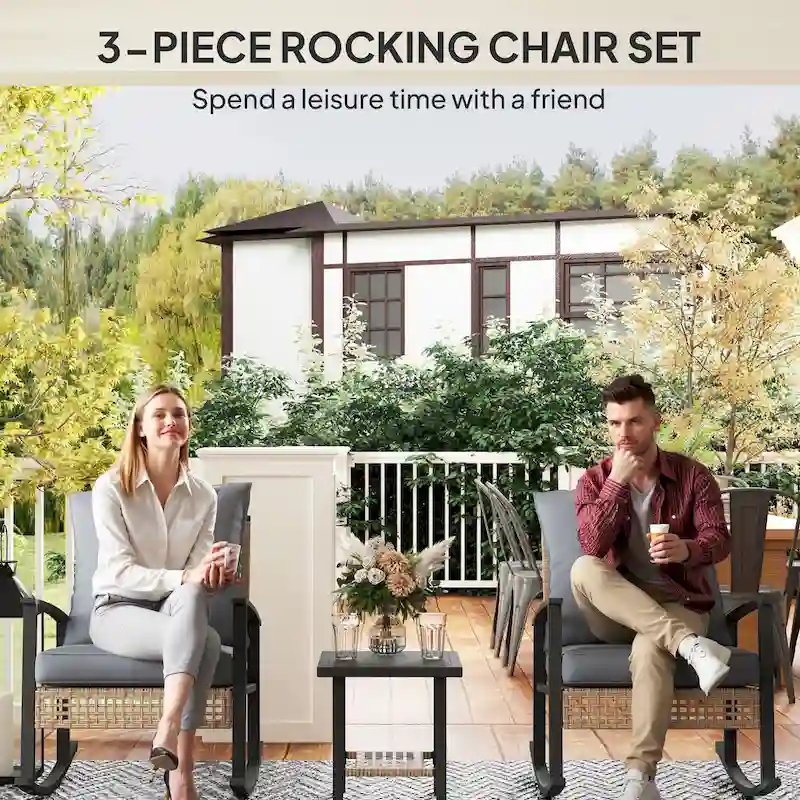 Outsunny 3 Piece Patio Bistro Set, Wicker Furniture Set with Button Tufted Cushions, Rattan Rocking Chairs and Coffee Table