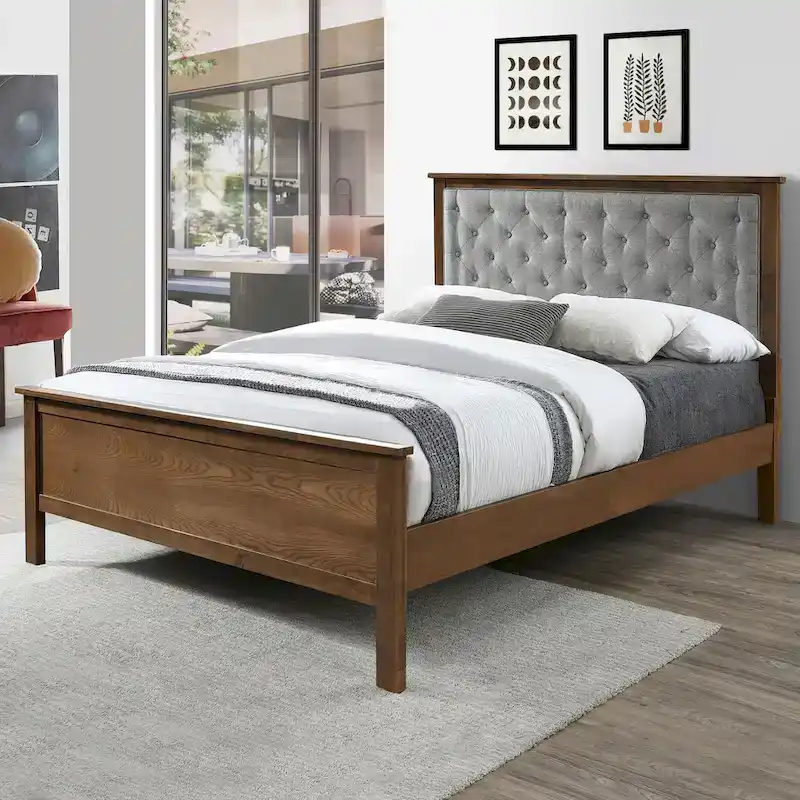 Gray Upholstered Queen Bed Headboard and Wood Footboard Set