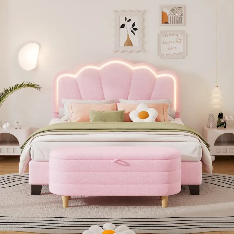 2-Pieces Bedroom Sets Full Size Flower-Shaped Upholstered LED Platform Bed with Storage Ottoman-Sherpa Fabric