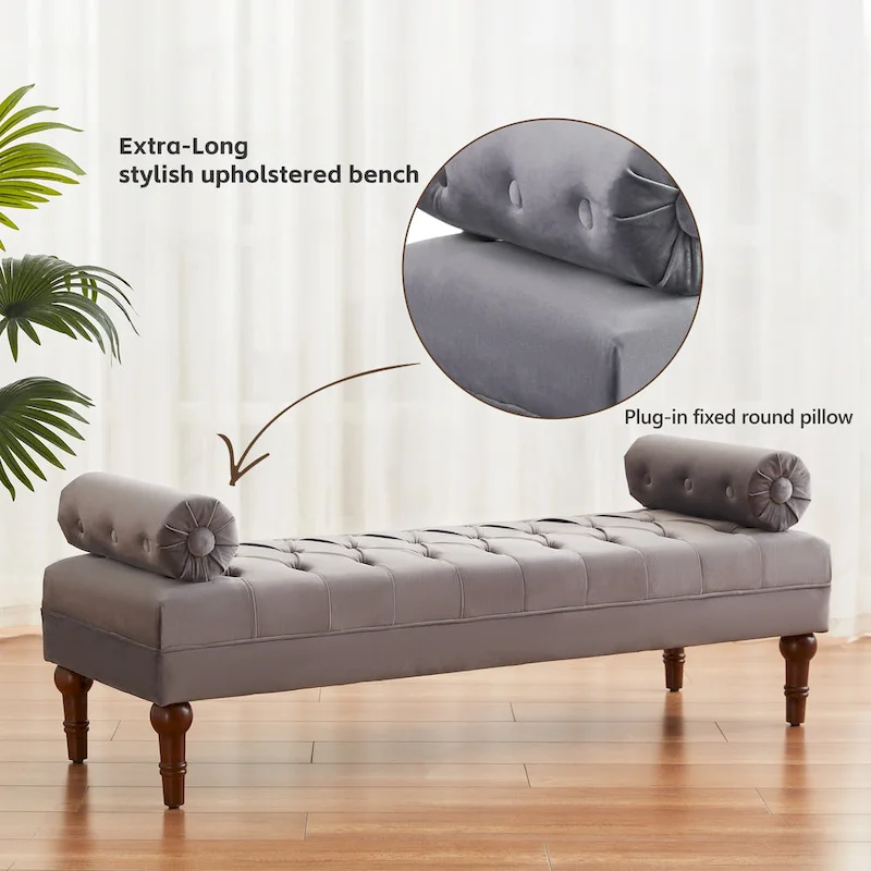 Velvet Bedroom Bench Pink/ Beige/ Blue/ Gray Upholstered Bench with Button-Tufted 60.2.