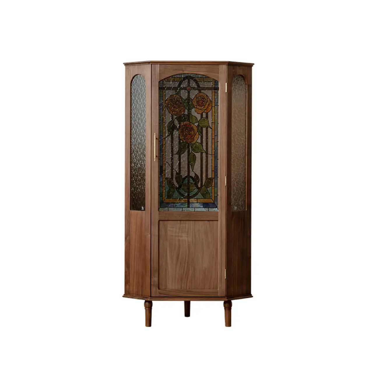Lighting Included Elegant Walnut Rose Glass Panel Corner Cabinet
