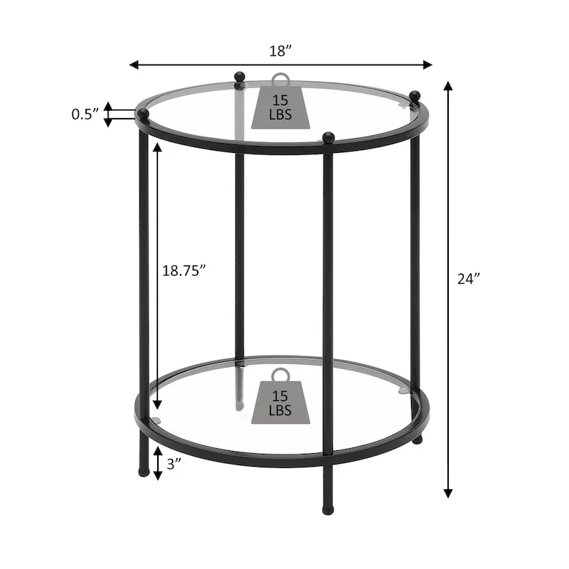 2-Tier Round Tempered Glass End Table, Chrome/Gold Frame, 18