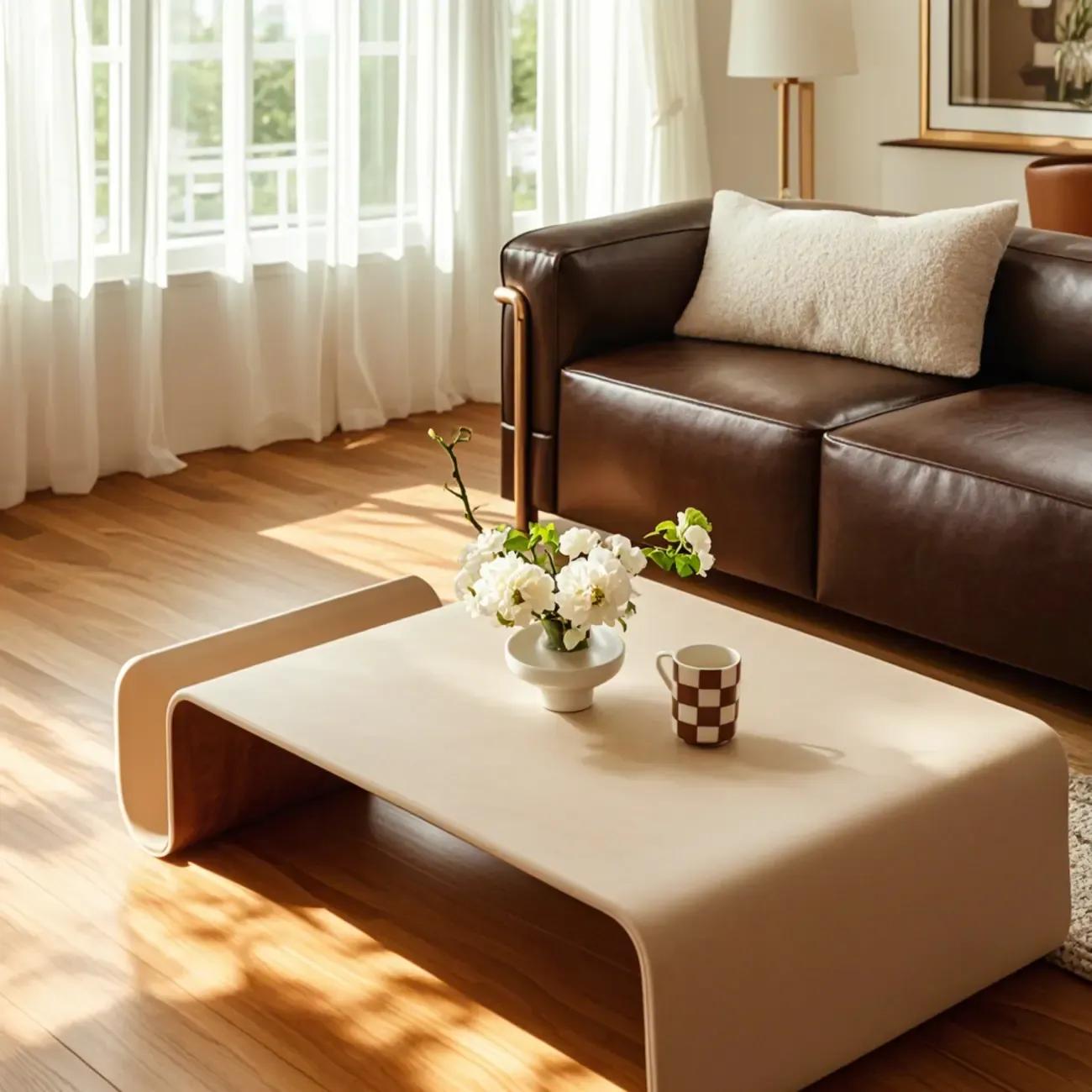 Modern Wooden Brown Curved Coffee Table with Double Pedestal