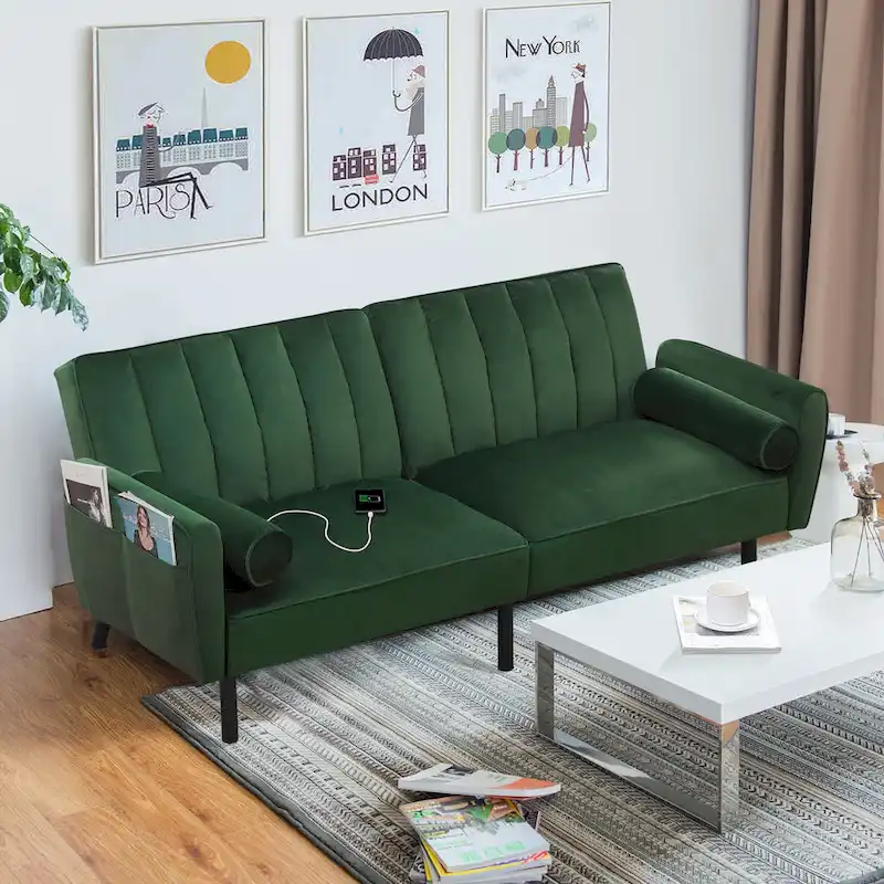 Velvet Loveseat Sleeper Sofa Convertible Futon Couch with USB, Loveseat Coach for Dorm, Apartment, Bonus Room - 2-Person