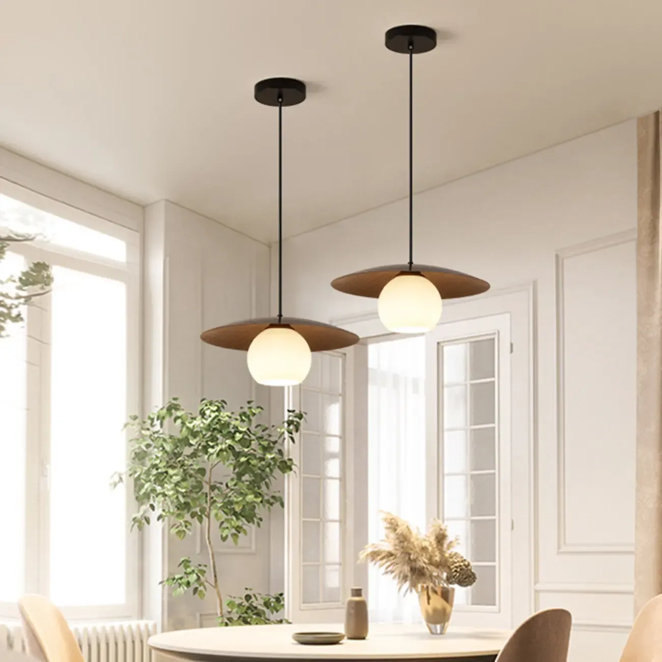 Minimalist White Glass Pendant Light with Metal Disc for Living Room