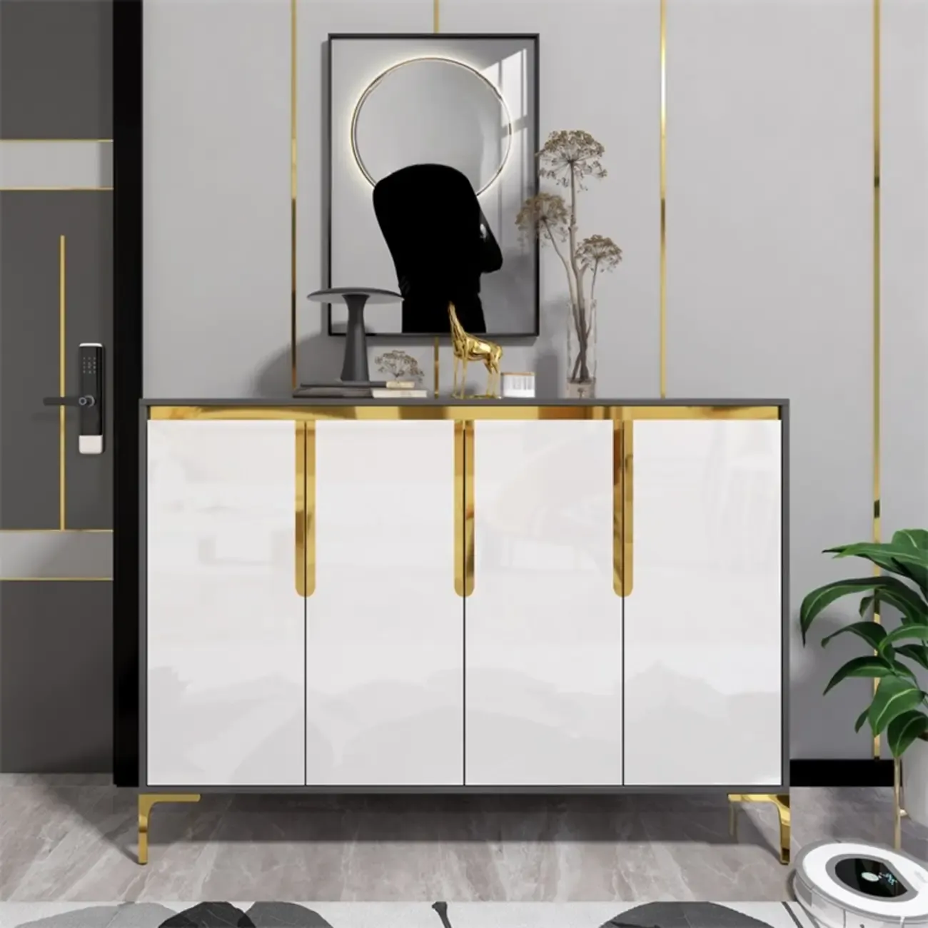 Entryway Wood Large Shoe Cabinet with Gold Accents