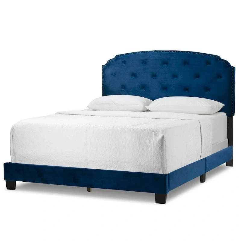 Arin Navy Blue Velvet Queen Bed Button Tufting and Black Nail Head