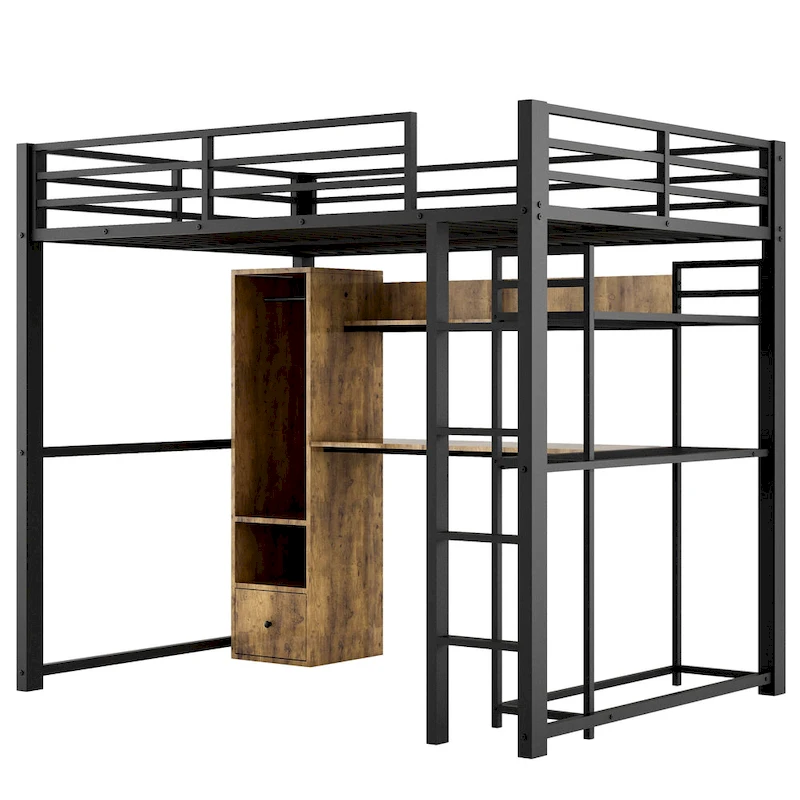 Black Full Size Metal Loft Bed with Built-in Wardrobe and Desk