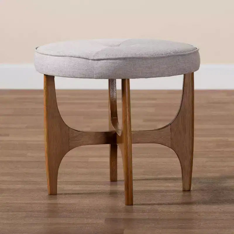 Theo Fabric and Wood Ottoman Footstool Grayish Beige/Walnut Brown - Baxton Studio