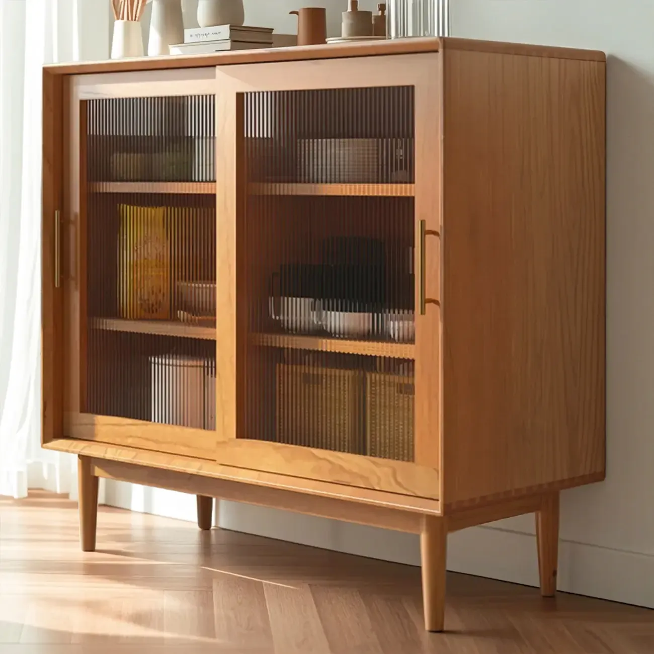 Nordic Kitchen Cabinet with Glass Doors & Straight Legs
