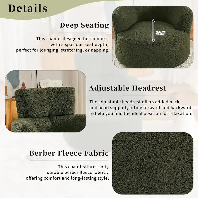 360 Swivel Barrel Chair with Adjustable Headrest - Berber Fleece Upholstery