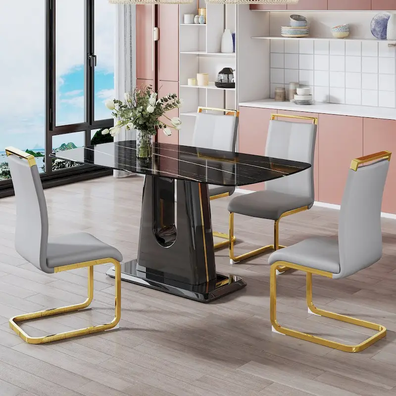 Dining table. Black imitation marble pattern desktop. Black MDF table legs, gold lines, black base