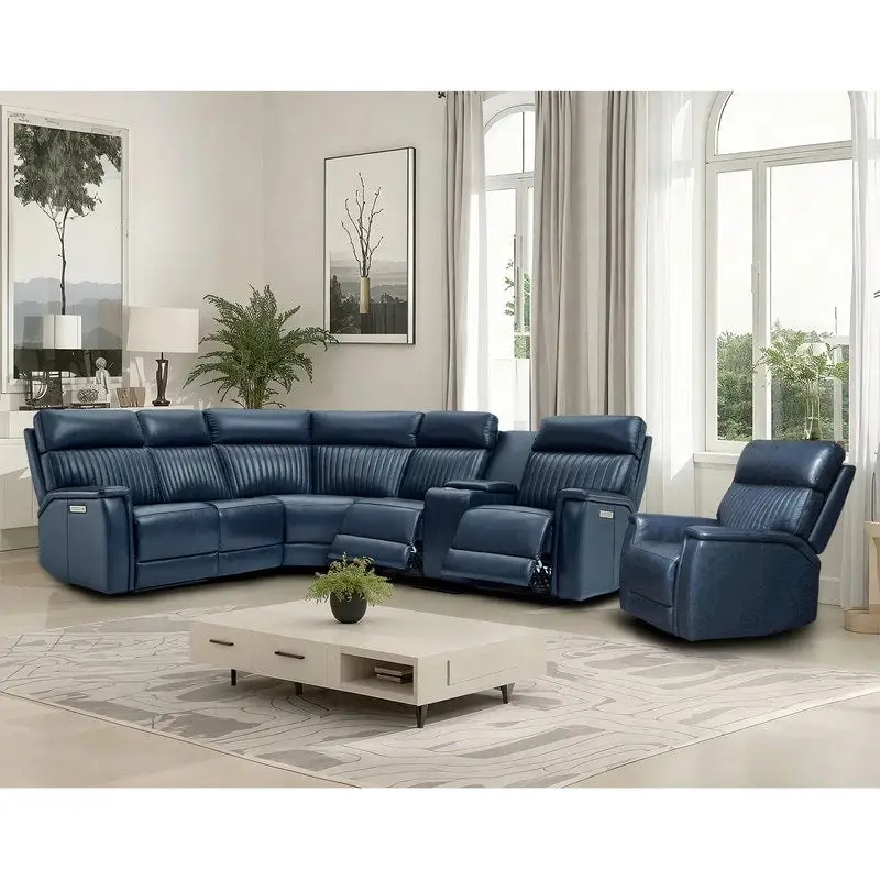 105 W Genuine Leather Power Sectional with Recliner Sofa Set with Single Console, USB&USB-C Ports, 1 Power ArmlessChair
