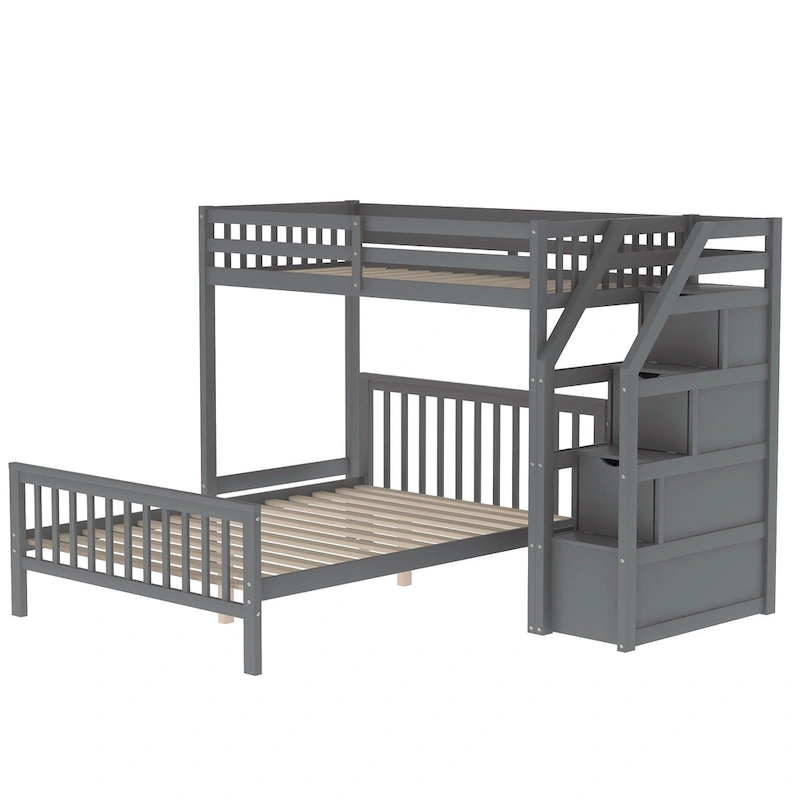 Twin Over Full Wood Loft Bed with Staircase,High Guardrails and Ladder