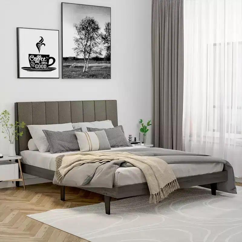 Costway Upholstered Tufted Bed Wood Platform Mattress Foundation Headboard Queen