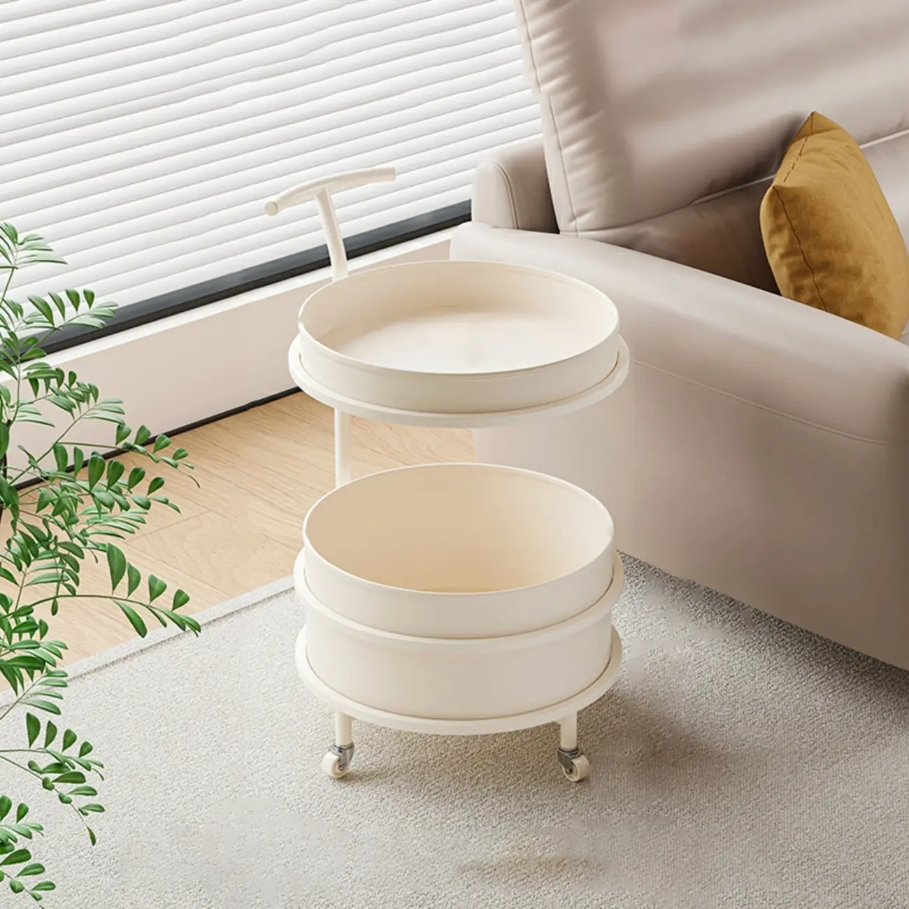 White Small Rolling Side Table with Storage for Living Room