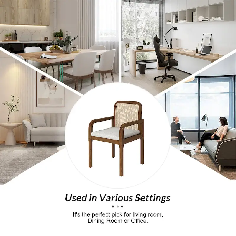 Modern Rattan Back Dining Chair with Removable Cushion - Rubber Wood Frame, Linen Upholstery