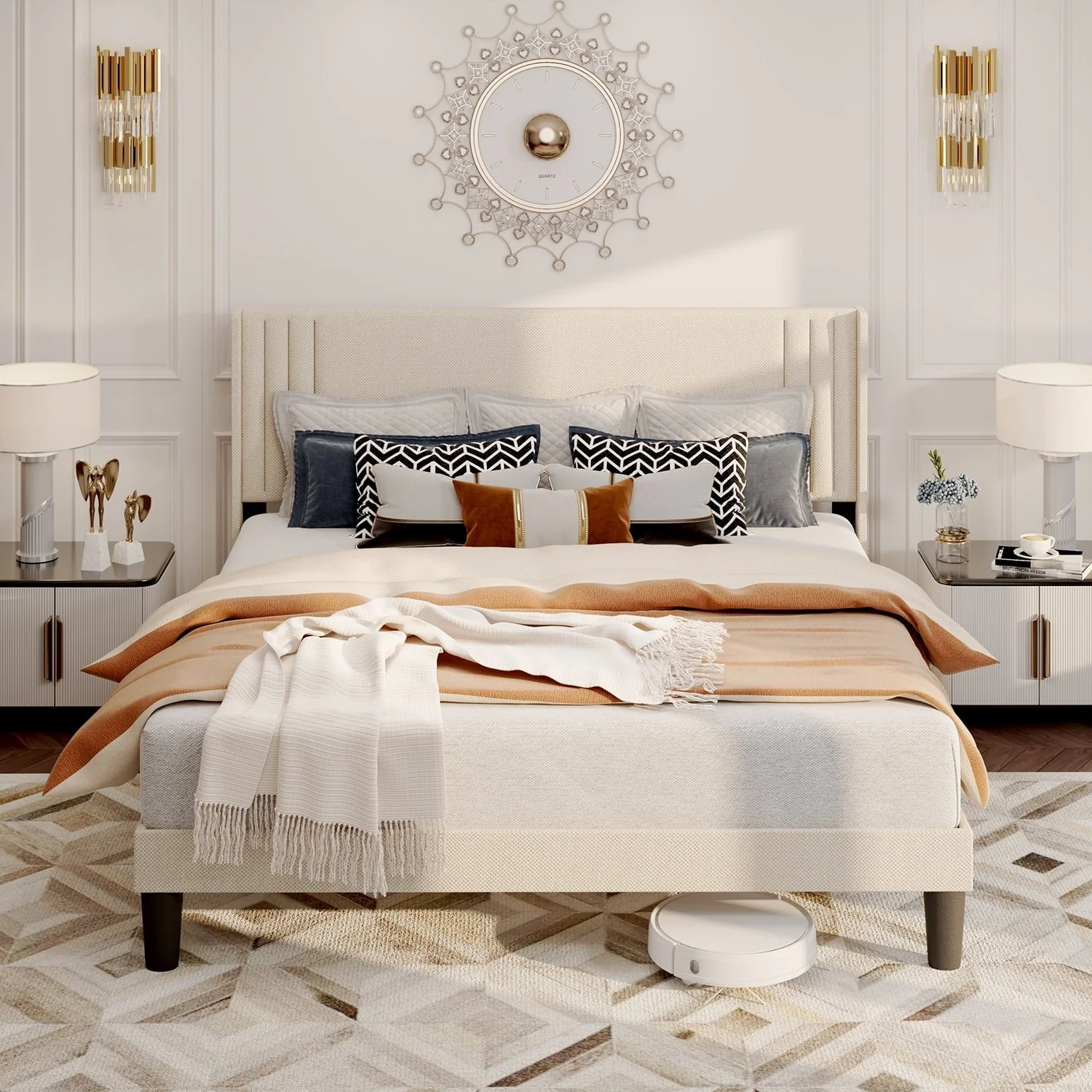 Queen/ Full Vertical Channels Upholstered Bed with Wingback Headboard