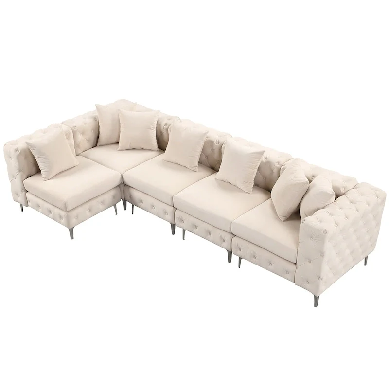 Large L-Shaped Modular Sofa, 5-Seat Velvet Sectional Couch