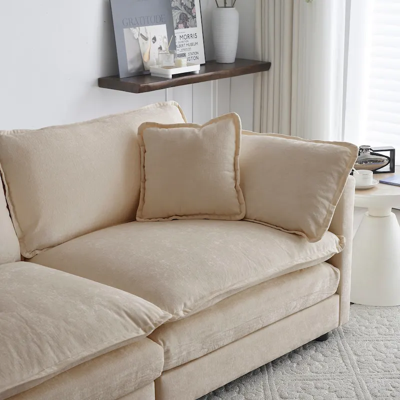 Beige Chenille Single Sofa with Ottoman and Double Cushion Seat