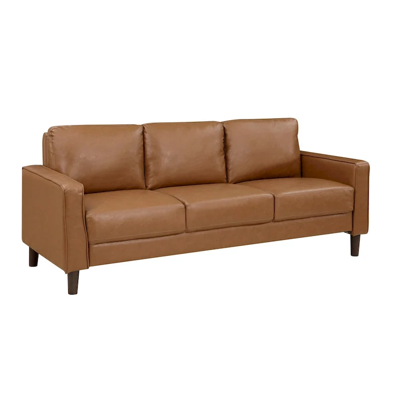77 Inch Sofa, Brown Faux Leather, Track Style Arms, Solid Wood Frame