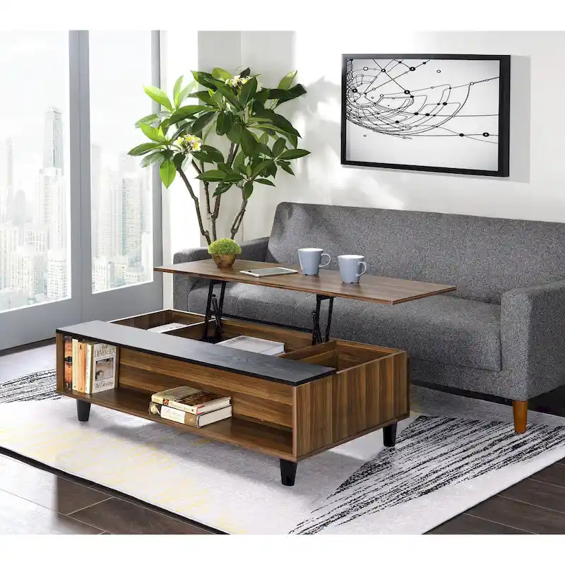 47 W Coffee Table w/Lift Top, Walnut & Black