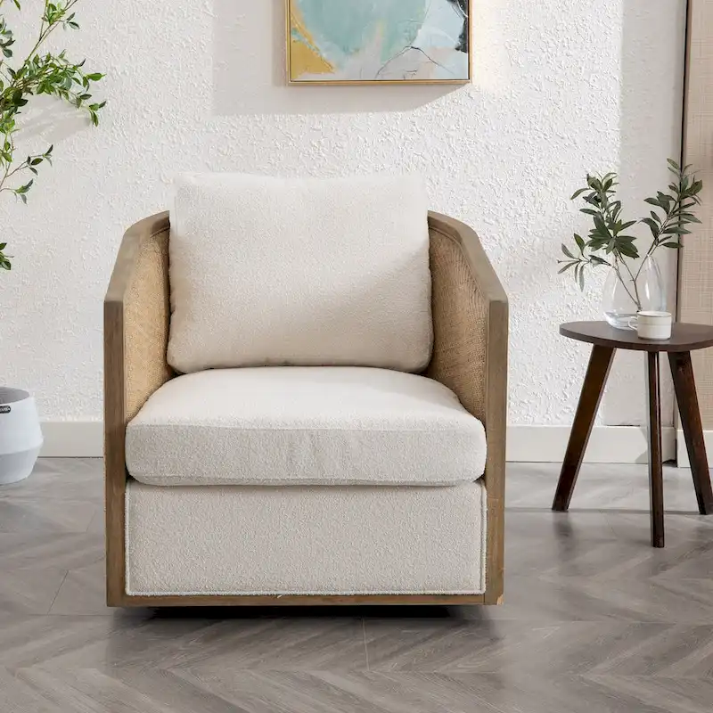 Boucle/Leather Upholstered 360 Degree Swivel Round Barrel Club Chair