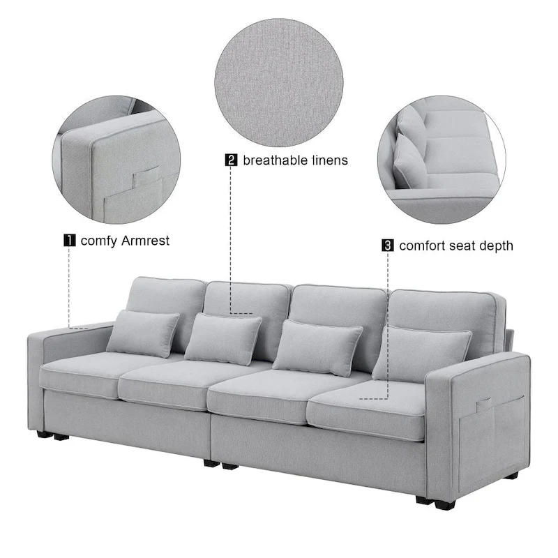 104  4-Seater Modern Linen Fabric Sofa with Armrest Pockets and 4 Pillows